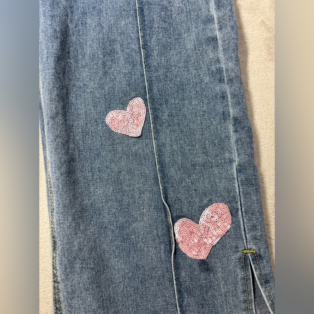 Cider Novelty Sequin Heart Patch Wide Leg High Rise Denim Blue Jeans Size Large - Picture 2 of 15